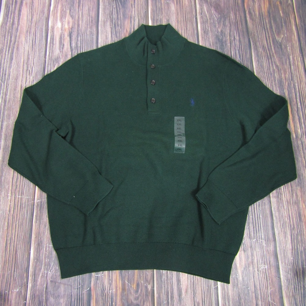 Polo Ralph Lauren Sweater Mens XXL Green 1/4 Button Mock Neck Mesh Pique‎ Cotton